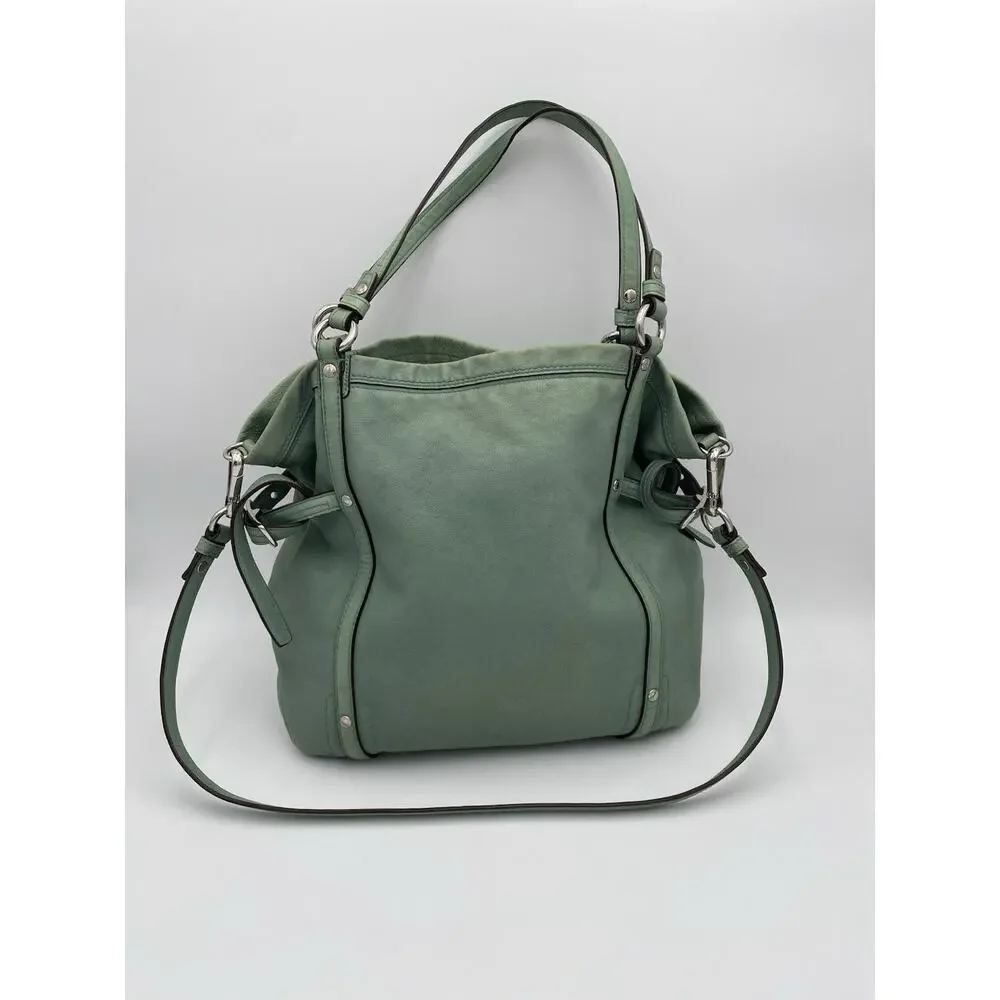 Coach Audrey Cinched Shoulder Bag Green Leather Double Handle Large 17064 READ